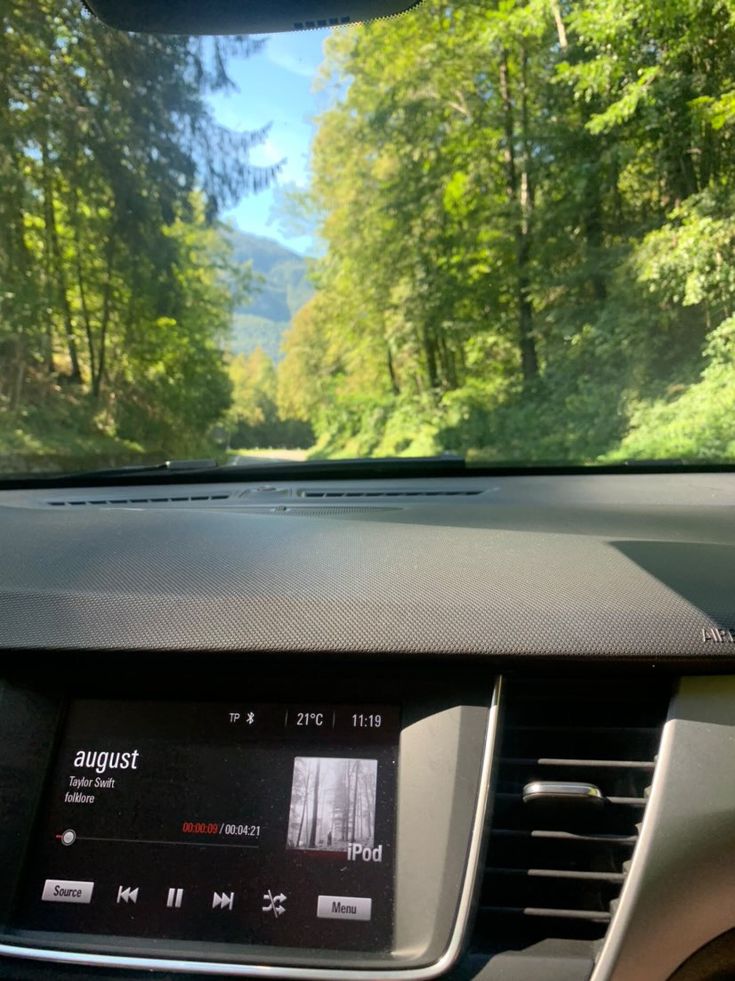 the dashboard of a car with trees in the background