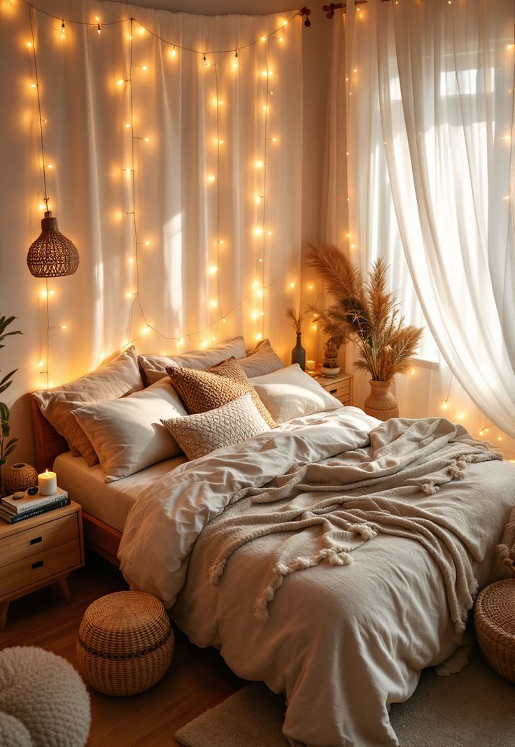 Boho Bedroom with Curtain Lights Bedrooms With String Lights, Yellow Bedroom Ideas Aesthetic, Warm Bedroom Lighting, Bedroom String Lights, Bedroom Cottagecore, Light Bedroom Decor, Cozy Bedroom Lighting, Cozy Small Bedrooms, Headboard Curtains