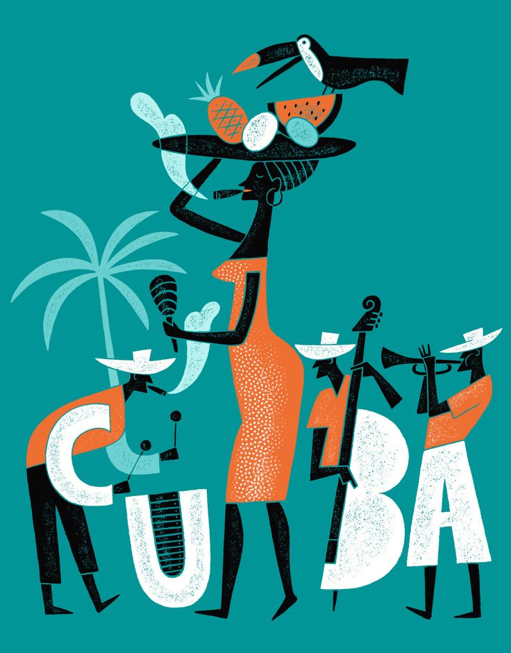 an illustration of people dancing and drinking at the same time, with words cuba written below