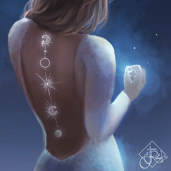 the back of a woman's body with stars and planets on it