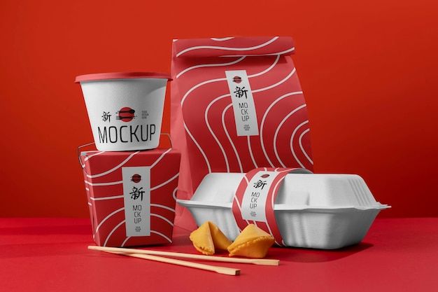 two cups and three containers with chopsticks next to each other on a red surface