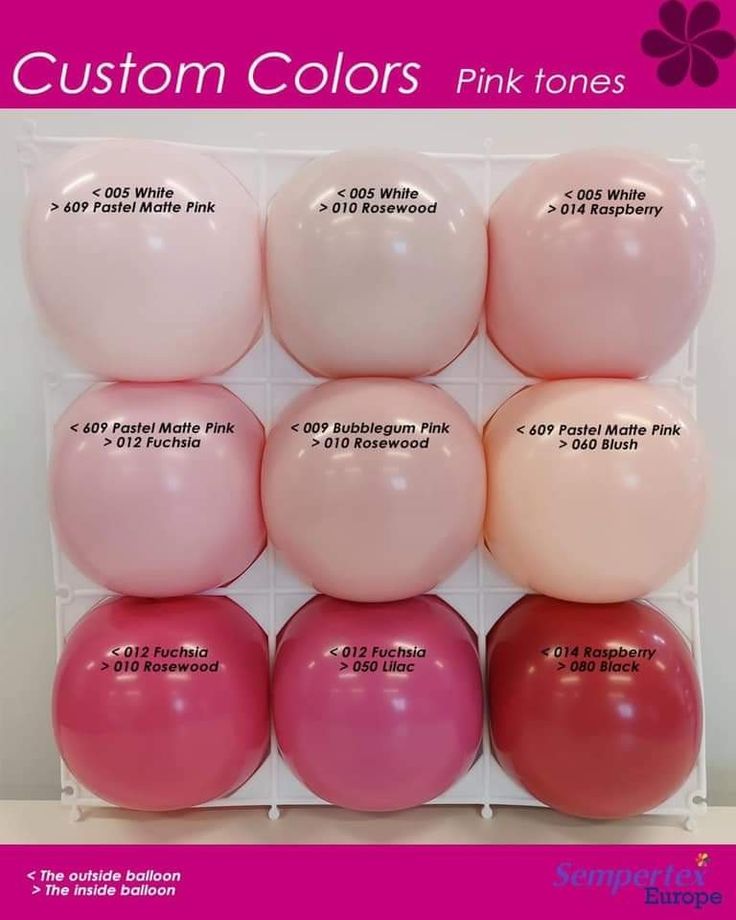 pink and red balloons are arranged in a display case with labels for each balloon color