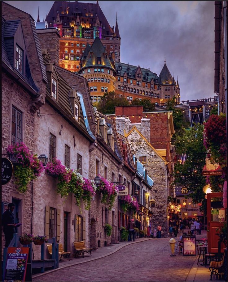 a city street lined with tall buildings and flower boxes on the side of each building