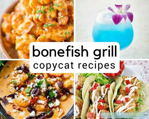 four different types of food with the words bonefish grill copypaat recipes above them