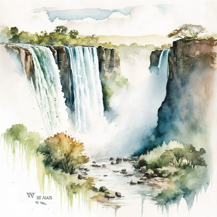 a watercolor painting of a waterfall in the jungle