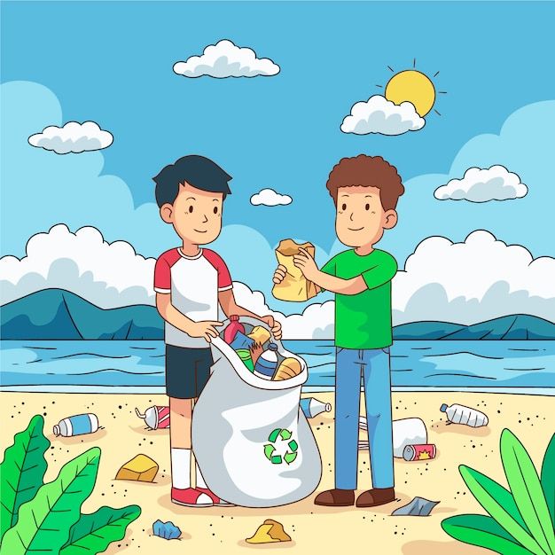 two boys are standing on the beach and one boy is throwing garbage into a bag