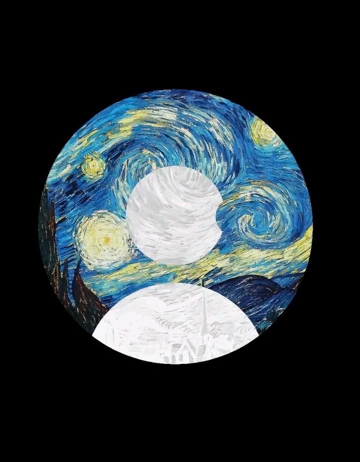 a circular painting with the starry night in it's center and two white circles on