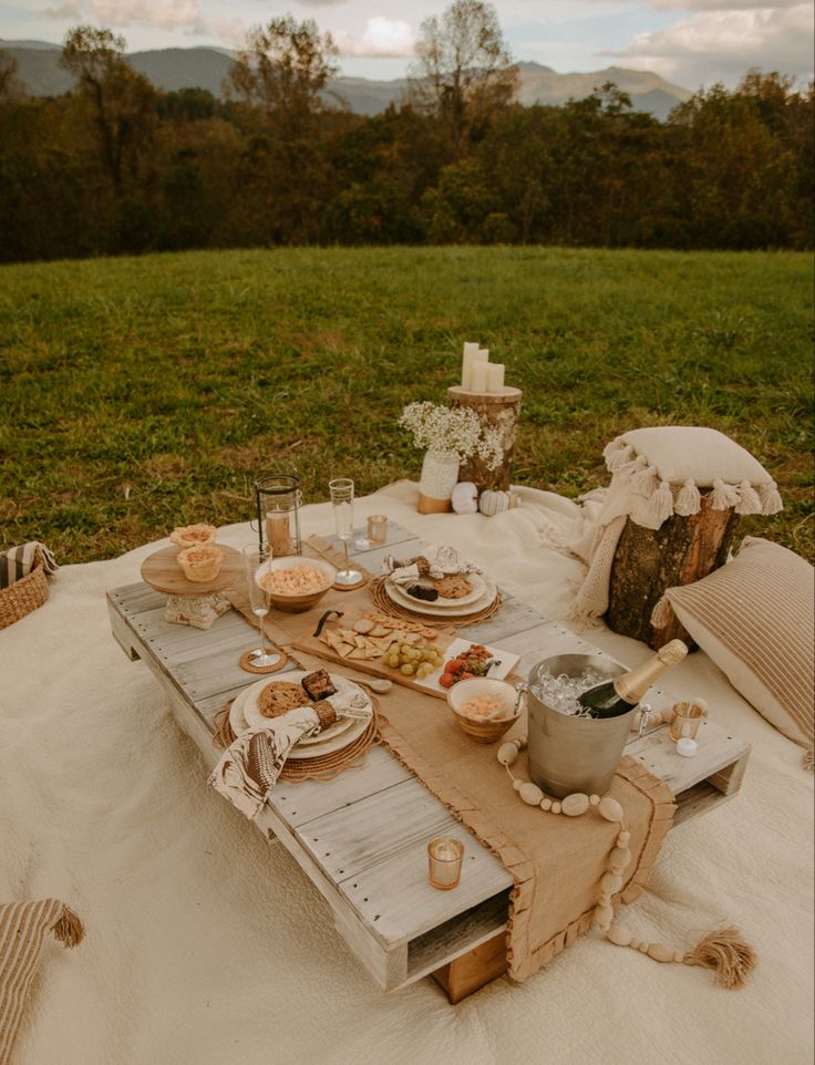 a picnic table with food and drinks on it in the middle of a grassy field