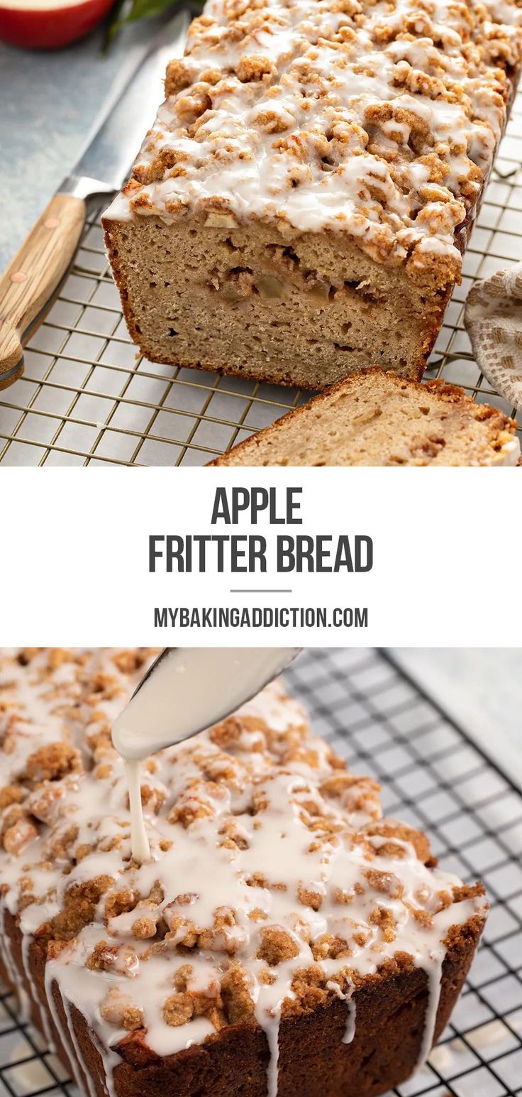 a loaf of apple fritter bread is being drizzled with icing