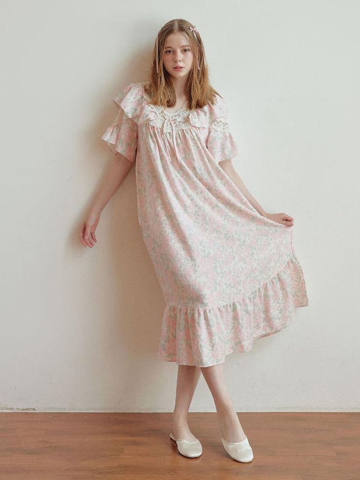 Composition : Outshell  :100% Cotton ( double gauze) Color : Pink Country of Origin : Republic of Korea Cotton Midi Dress With Ruffles And Short Sleeves, Short Sleeve Floral Print Dress For Loungewear, Cotton Midi Dress With Lace Trim And Short Sleeves, Cotton Short Sleeve Midi Dress For Daywear, Short Sleeve Ruffled Midi Dress For Daywear, Short Sleeve Midi Dress With Lace Trim For Daywear, Feminine Short Sleeve Dresses, Pink Short Sleeve Loungewear Dress, Daywear Short Sleeve Dresses With Lace Trim