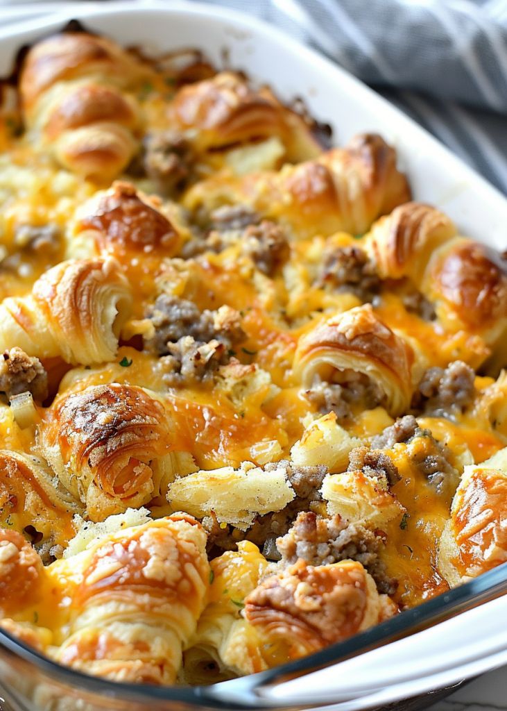 a casserole dish filled with sausage and cheese