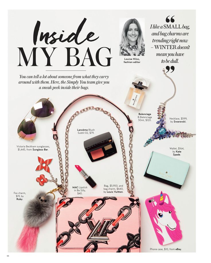 the inside of a magazine with an image of a purse and other items on it