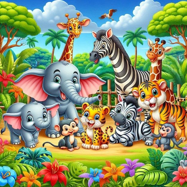 many different animals are together in the jungle