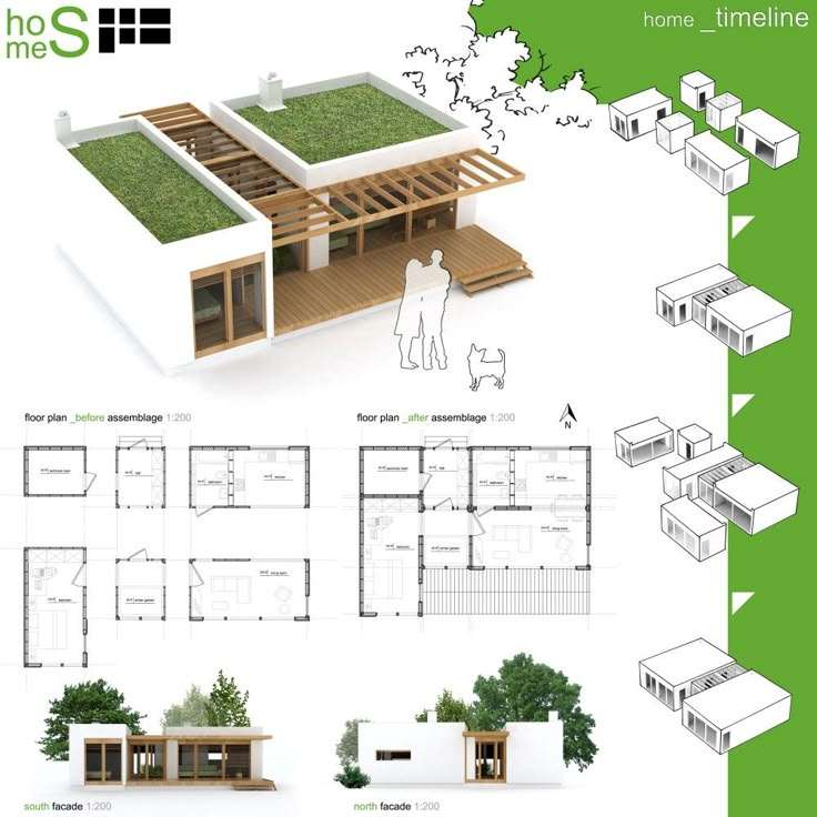 an image of plans for a house with green roof and stairs to the second floor