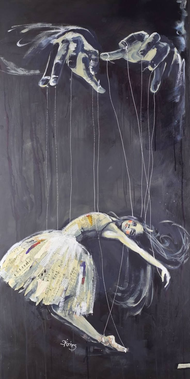 a painting of a woman floating in the air with two hands holding strings attached to her body