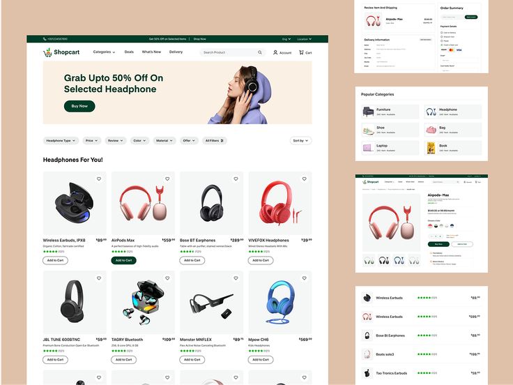 an image of headphones and accessories on display in the shopfront page, including ear phones