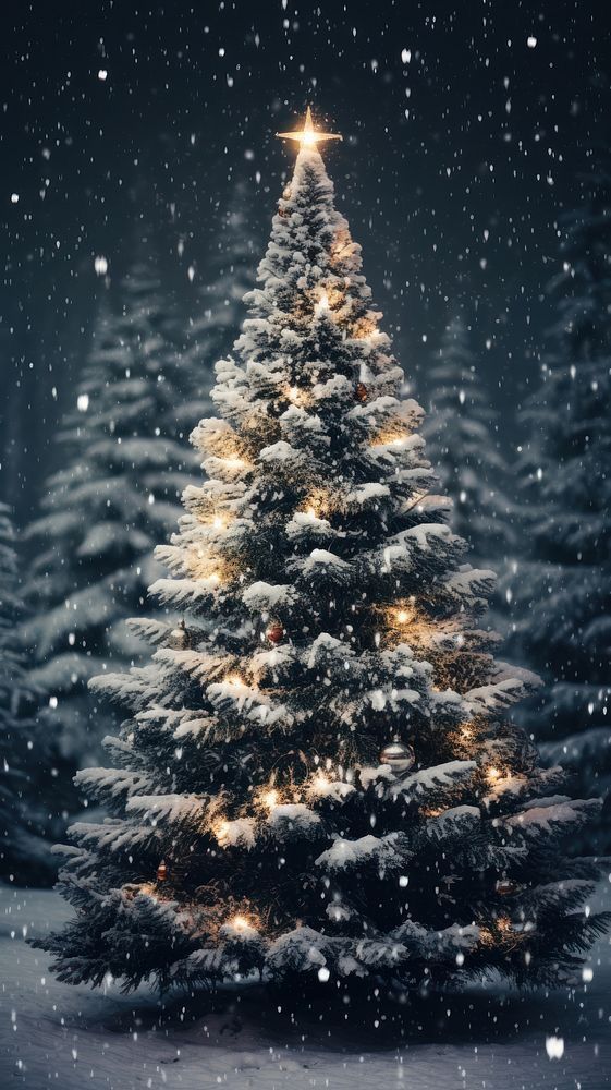 a lit christmas tree in the snow with stars on it's top and bottom