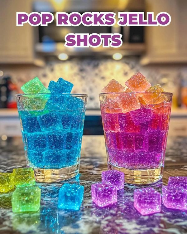 two glasses filled with ice cubes sitting on top of a counter next to each other