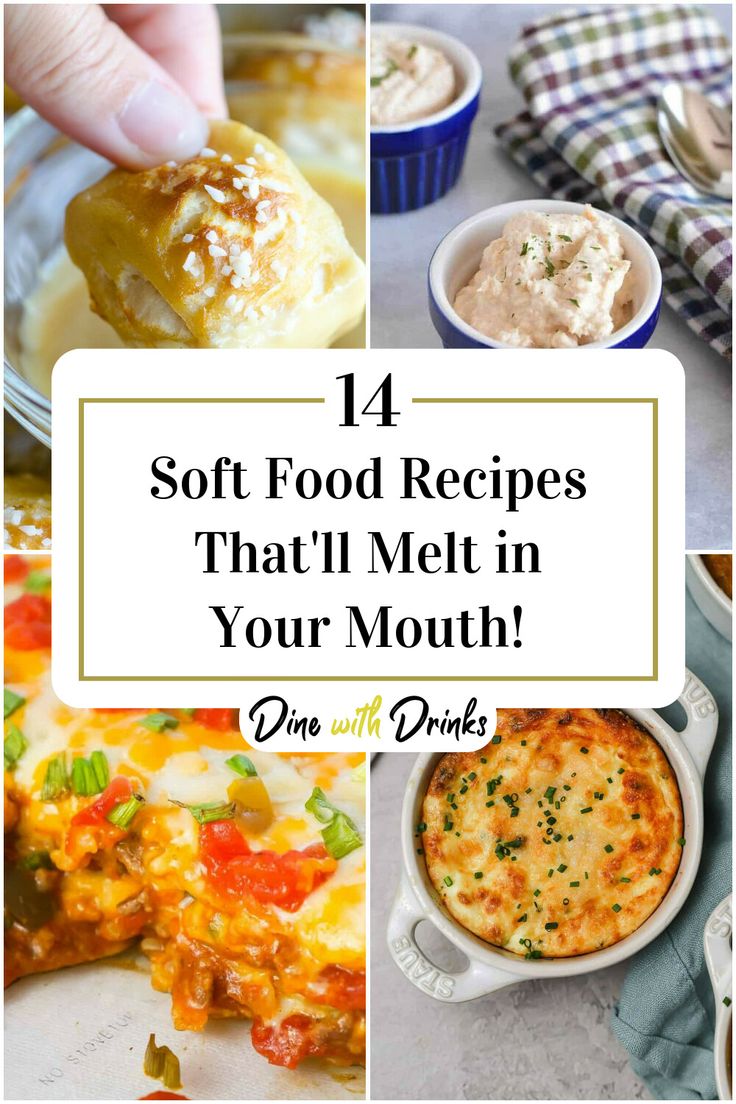 Collage of 4 soft food recipes. Soft Food Snacks Healthy, Good Soft Food Recipes, Soft Snack Foods, Good Soft Foods, Denture Friendly Meals, Bariatric Sleeve Soft Food Recipes, Crockpot Soft Food Recipes, Bariatric Soft Food Meal Prep, Bariatric Soft Food Recipes Rny