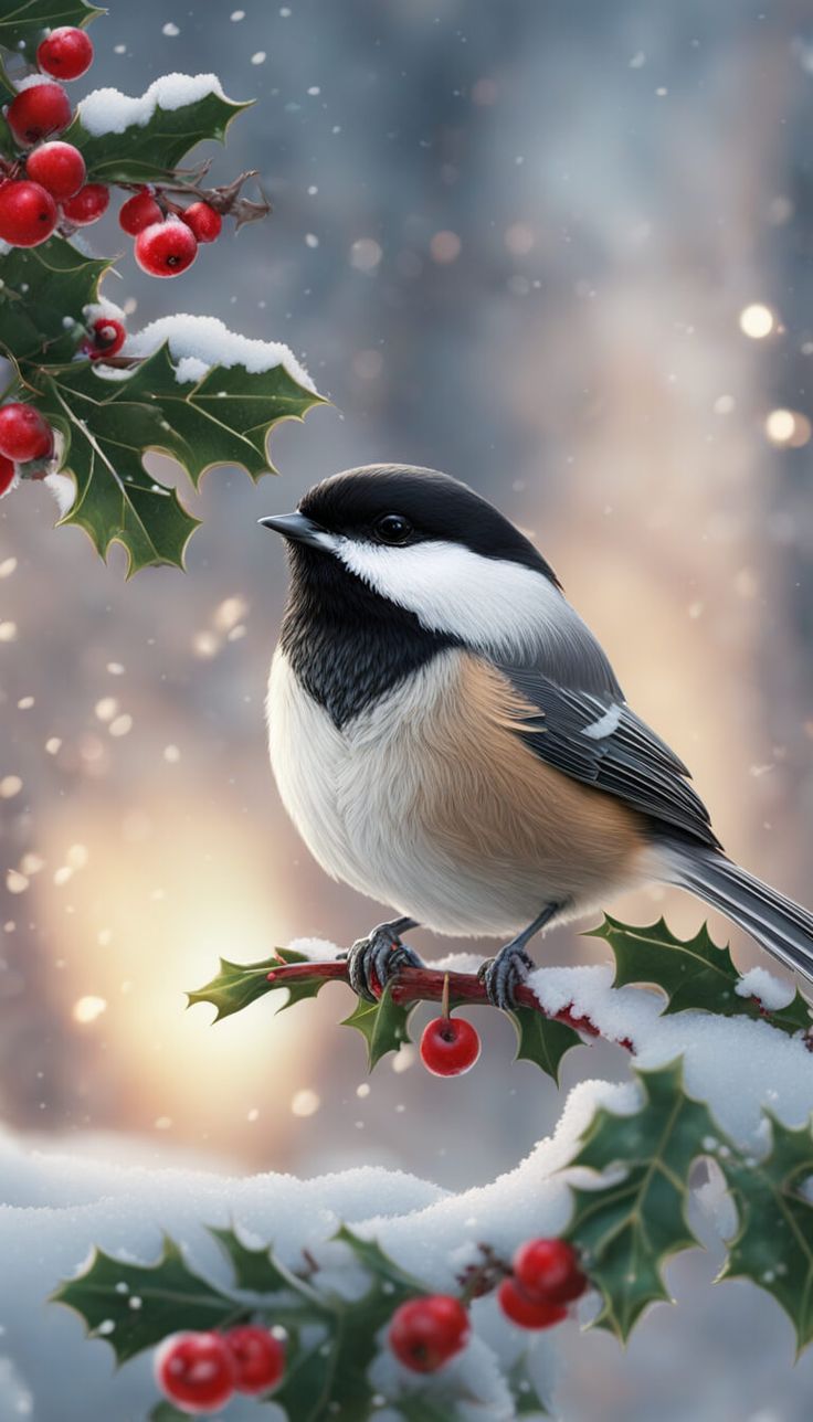 a bird perched on top of a holly branch