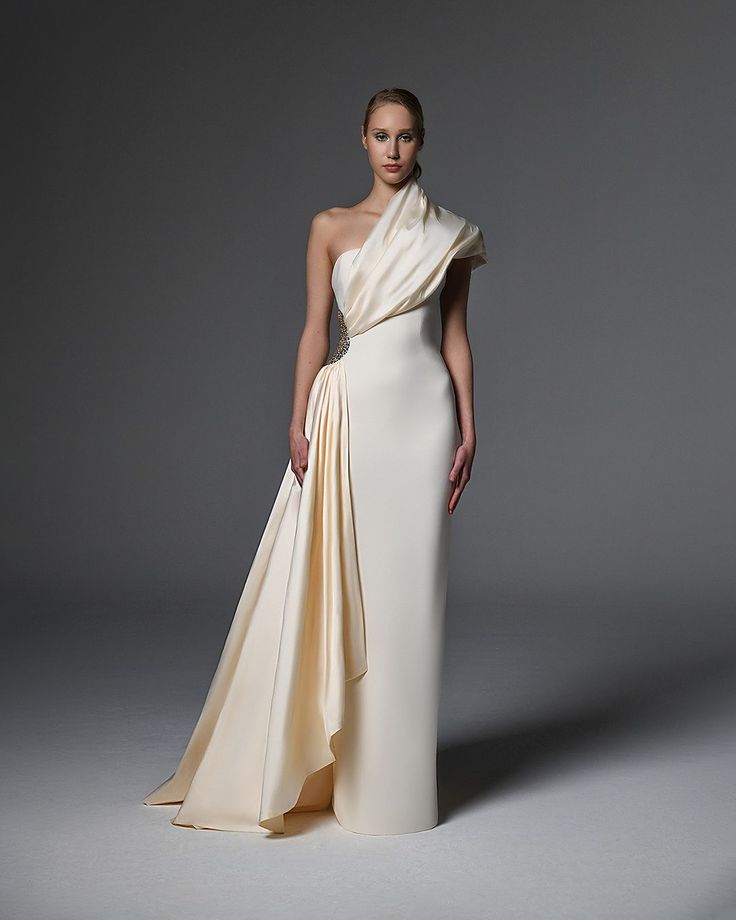 JEAN-LOUIS SABAJI | Redefining modern minimalism with this ivory crêpe dress featuring a statement taffeta collar wrapped around the body while defining the… | Instagram Luxury Crepe Evening Dress, Luxury Long Crepe Dress, Evening Crepe Dress Pre-draped Style, Chic Floor-length Silk Crepe Maxi Dress, Evening Pre-draped Crepe Dress, Mermaid Prom Dresses, Crepe Dress, Asymmetrical Dress, Wedding Party Dresses