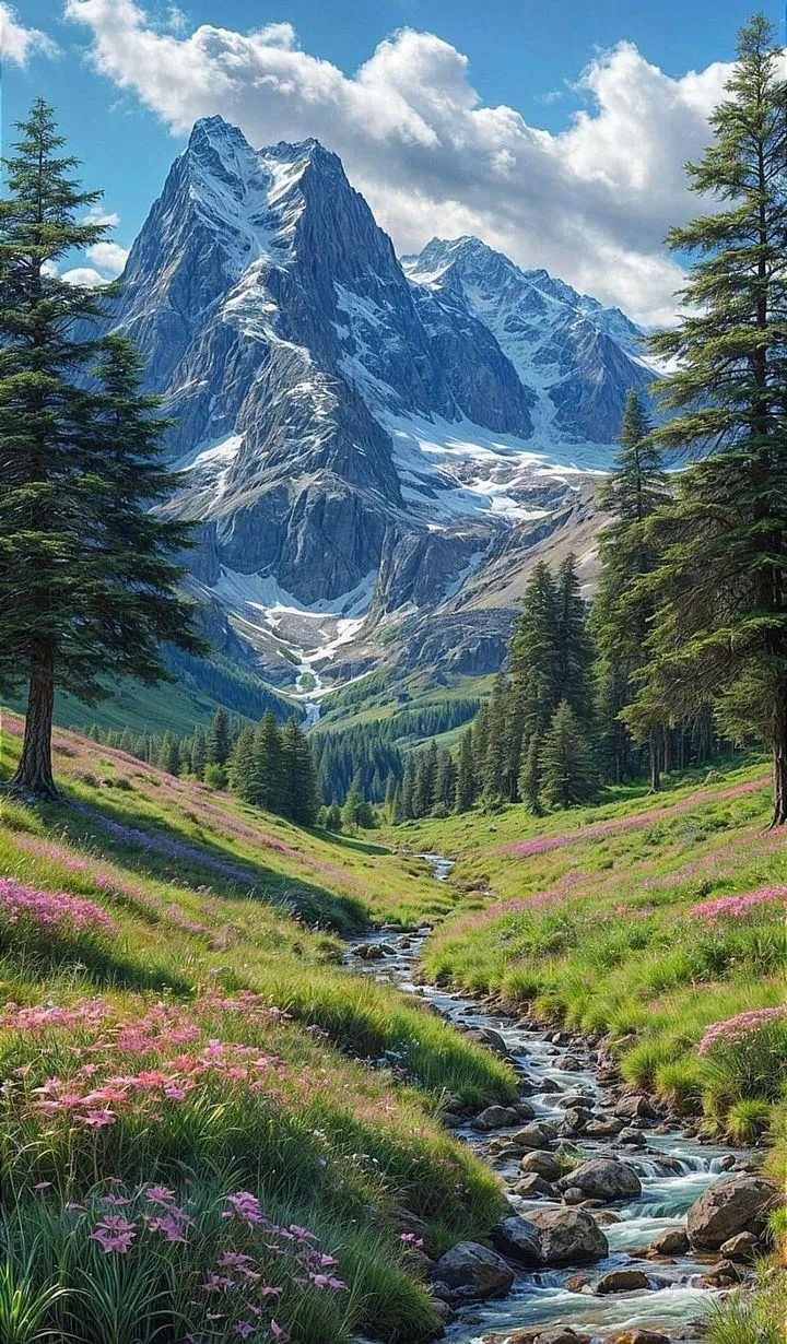 a stream running through a lush green forest filled with flowers next to a tall snow covered mountain