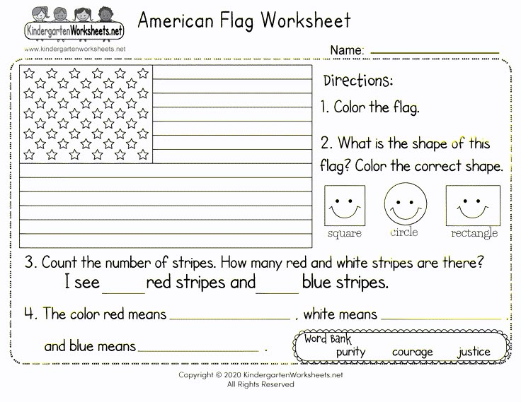 an american flag worksheet with the words, colors and shapes in black and white