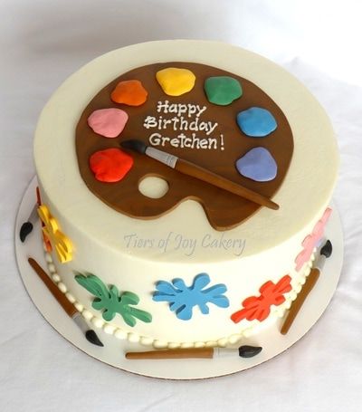 a birthday cake with an artist's palette on it