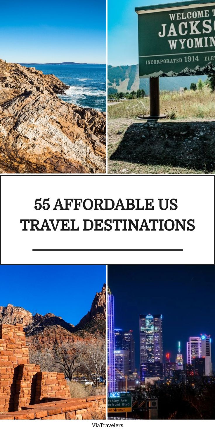 55 Affordable US Travel Destinations: Coastal cliffs, Wyoming sign, desert ruins, cityscape. Vacation Destinations In The Us, Unique Adventures, Best Vacation Spots, Us Travel Destinations, The Golden Gate Bridge, The Statue Of Liberty, Places To Explore, Top Travel Destinations, Hollywood Movies