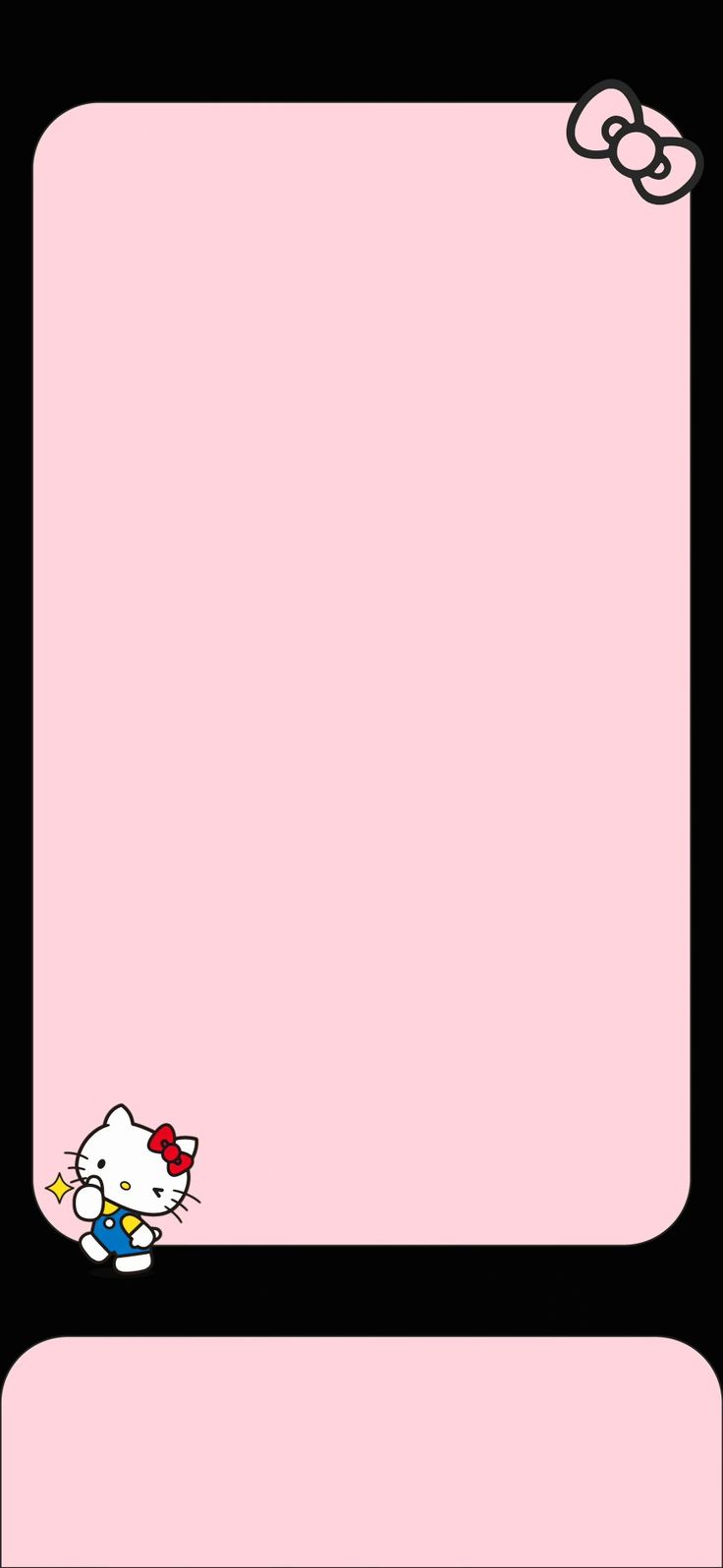 an image of hello kitty on pink paper with black border and white cat in the corner