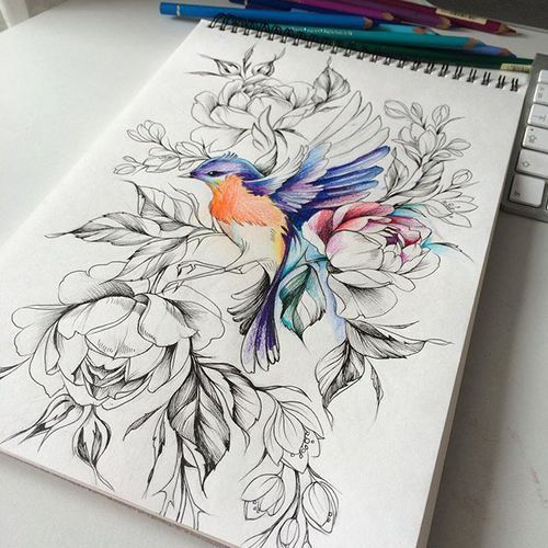 a drawing of a bird sitting on top of flowers next to a keyboard and pencil