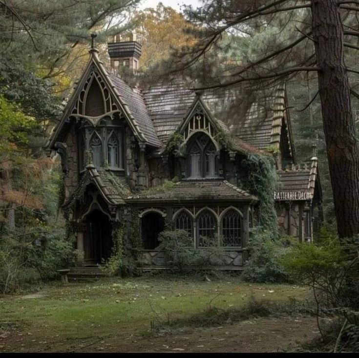 an old house in the woods with ivy growing on it