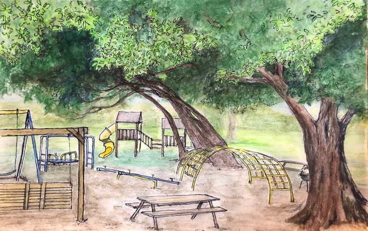 a drawing of a park with swings and benches under a tree in the foreground