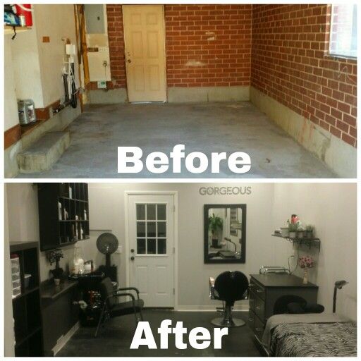 before and after photos of a bedroom with brick walls, carpeted flooring and an open door