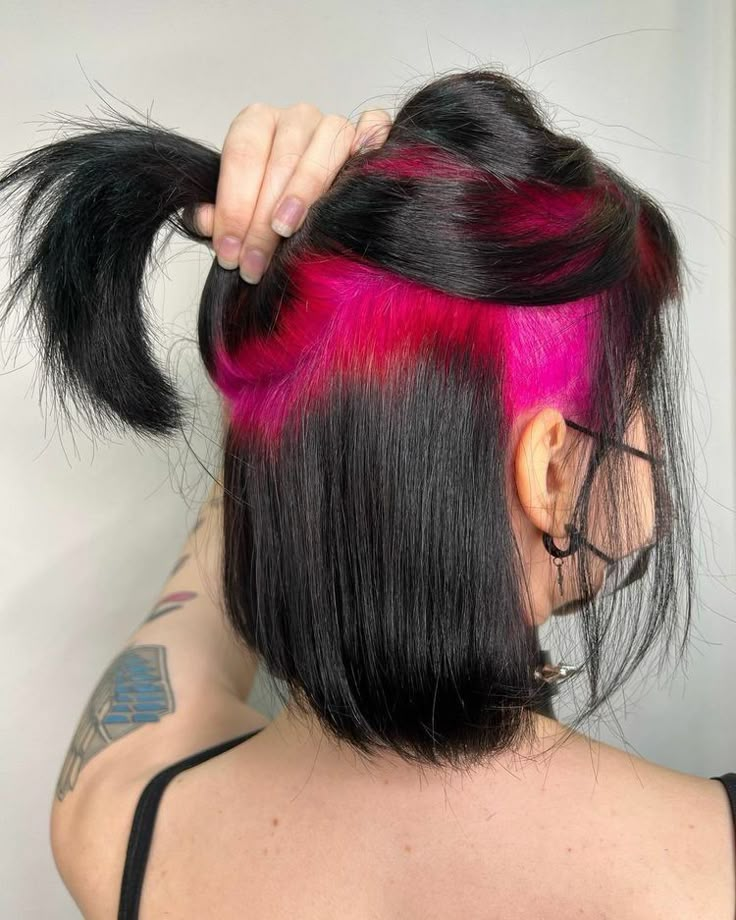 Hot Pink Roots With Black Hair, Hot Roots Hair Color, Pink Roots Black Hair, Colored Roots With Black Hair, Dyed Roots, Purple Underneath Hair, Colored Roots, Modern Mohawk, Colored Hair Roots