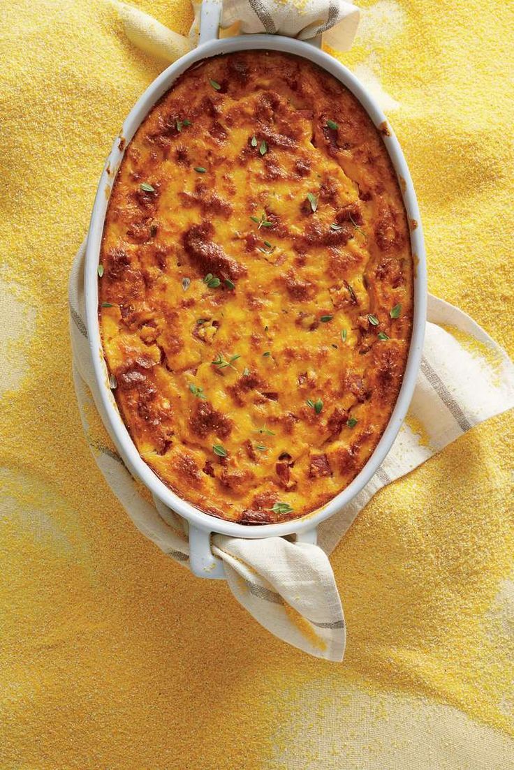 a casserole dish on a yellow towel