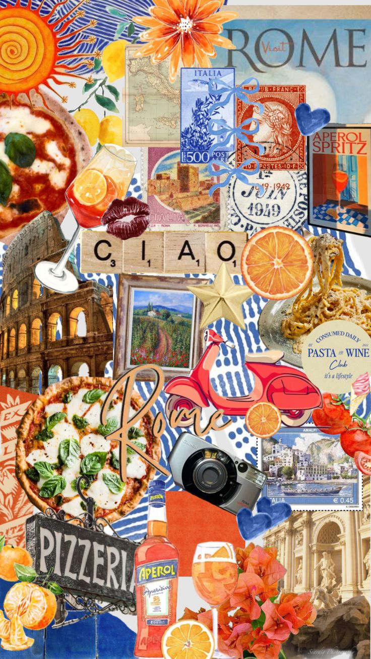 a collage of food, pictures and other items is shown in this image with the words roma on it