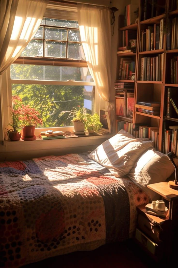 a bed sitting under a window next to a bookshelf filled with lots of books