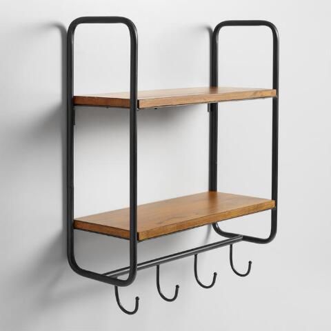 a wall mounted shelf with two hooks on it and some wood shelves in the middle