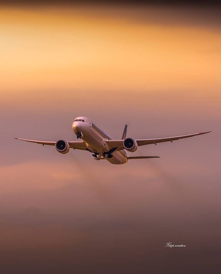 an airplane is flying in the sky at sunset