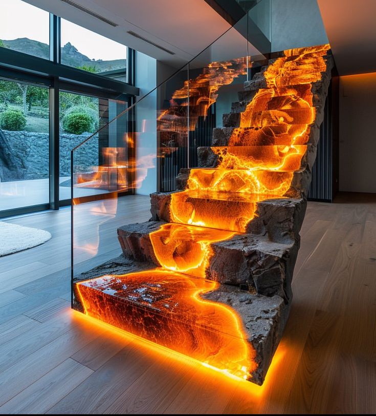 an artistic staircase made out of rocks with glowing lights on the steps and handrails