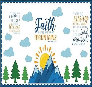 a poster with the words faith, mountains and trees on it's front cover