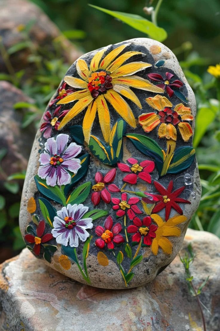 a rock with flowers painted on it