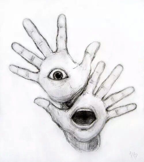 a drawing of two hands reaching out to each other with an eye in the middle