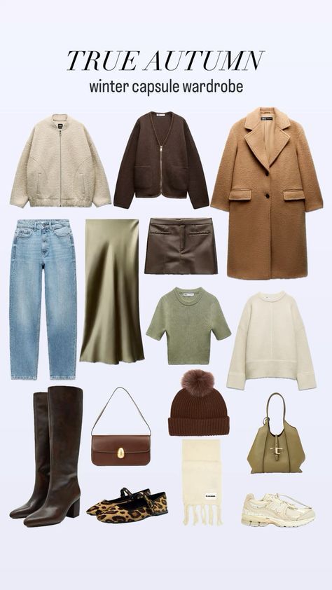 True Autumn Spring Capsule Wardrobe, Warm Fall Color Palette Outfits, Warm Autumn Outfits Color Palettes, Color Theory Clothes, True Autumn Palette Outfits, Capsule Wardrobe Earth Tones, True Autumn Outfit Ideas, Capsule Wardrobe True Autumn, Deep Autumn Winter Outfits