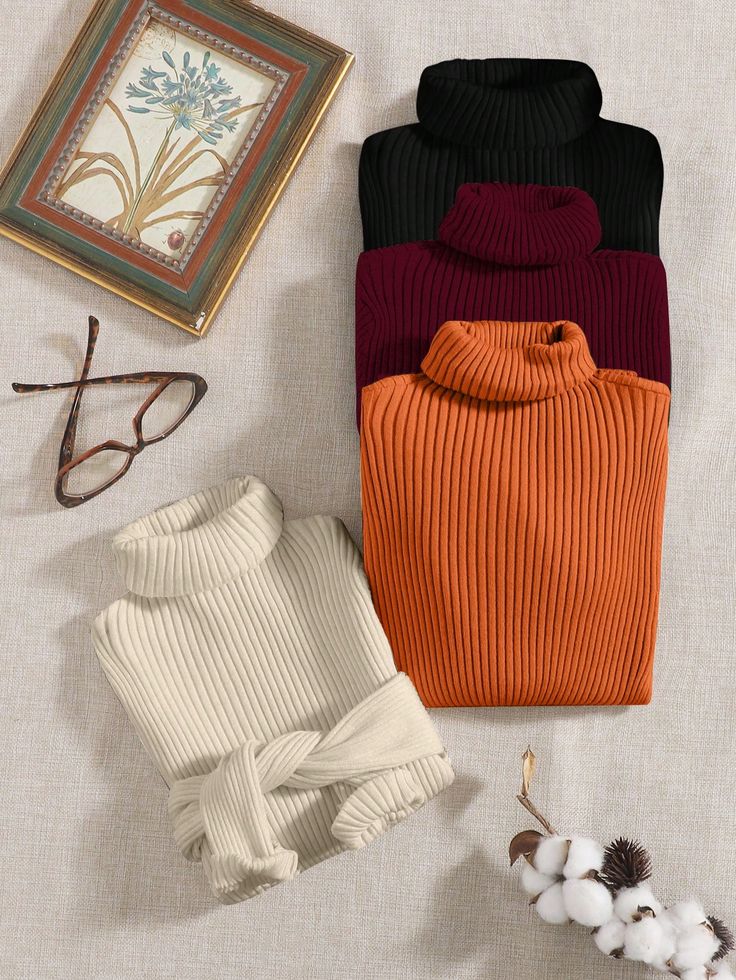 4pcs Turtleneck Ribbed Knit Sweater Multicolor Casual  Long Sleeve Fabric Plain  Slight Stretch Spring/Fall Women Clothing, size features are:Bust: ,Length: ,Sleeve Length: Fashion Product Photography Clothing, Flatlay Fashion, Content Production, Legging Sport, Ladies Turtleneck Sweaters, Women Sweaters, Clothing Photography, Drop Shoulder Sweaters, Ribbed Knit Sweater