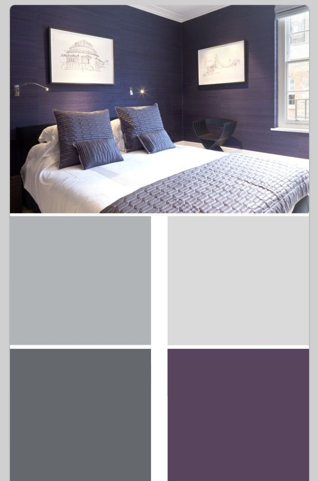 a bedroom with purple and grey walls, white bedding, and two framed pictures on the wall