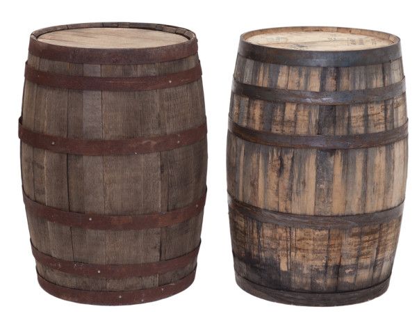 two wooden barrels sitting next to each other