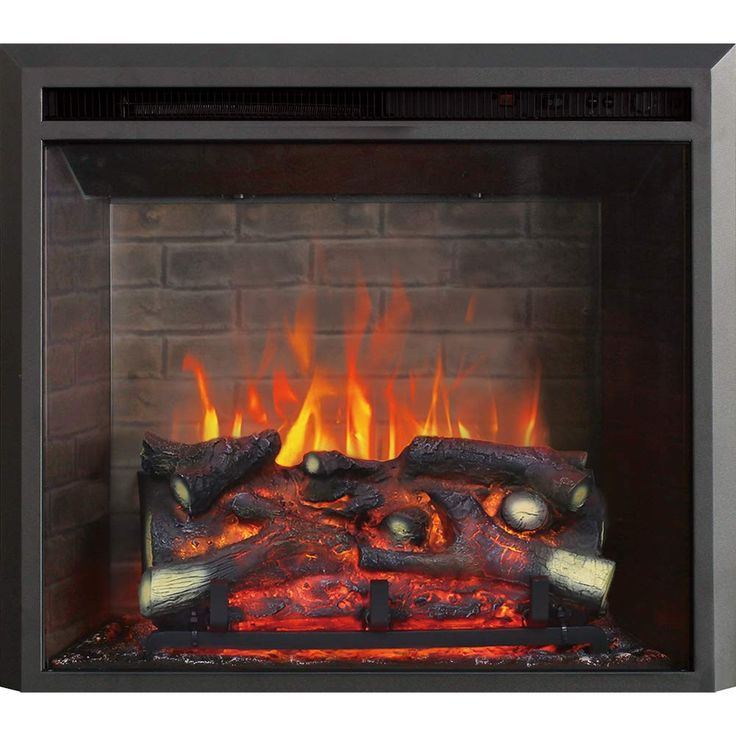 an electric fireplace with flames and logs