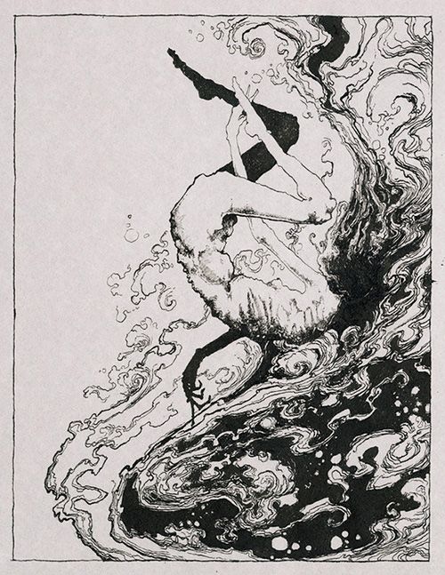 an ink drawing of a woman swimming in the ocean